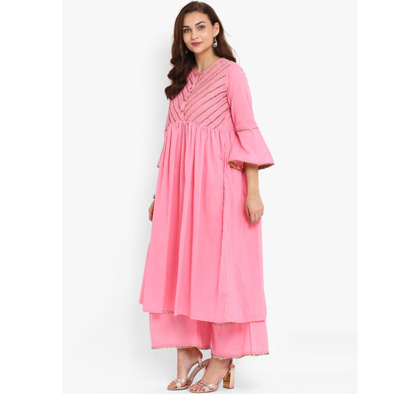 Women's  Pink Solid Kurta With Palazzos1 - Wahe-NOOR