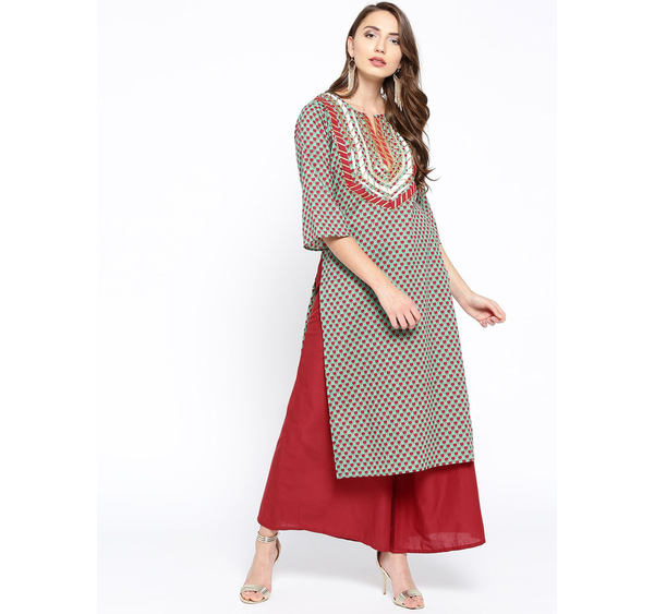 Women's  Sea Green & Maroon Printed Kurta With Palazzos - Wahe-NOOR