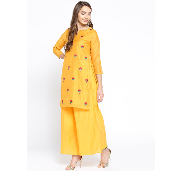 Women's  Yellow Embroidered Kurta With Palazzos - Wahe-NOOR