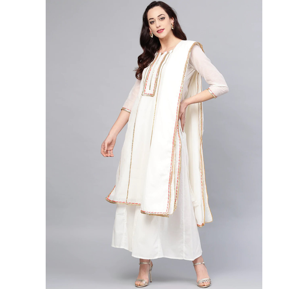 Women's  Off-White Solid Kurta With Palazzos & Dupatta - Wahe-NOOR