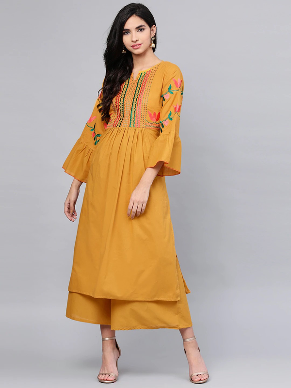 Women's  Mustard Yellow Yoke Design Kurta With Palazzos3 - Wahe-NOOR