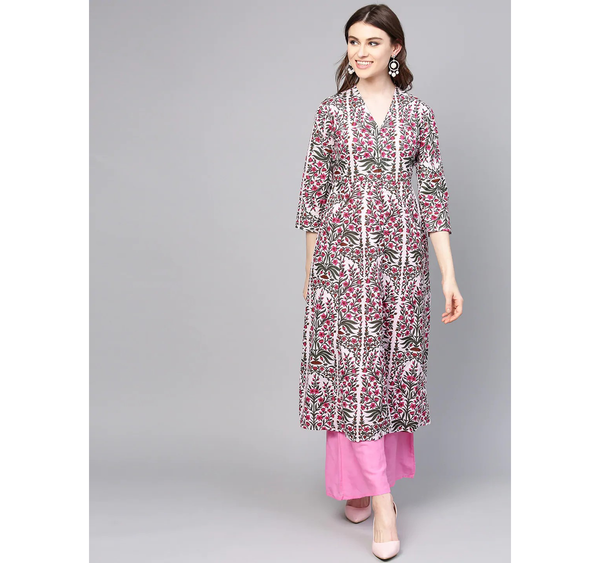 Women's  Pink & Green Printed Kurta With Palazzos - Wahe-NOOR