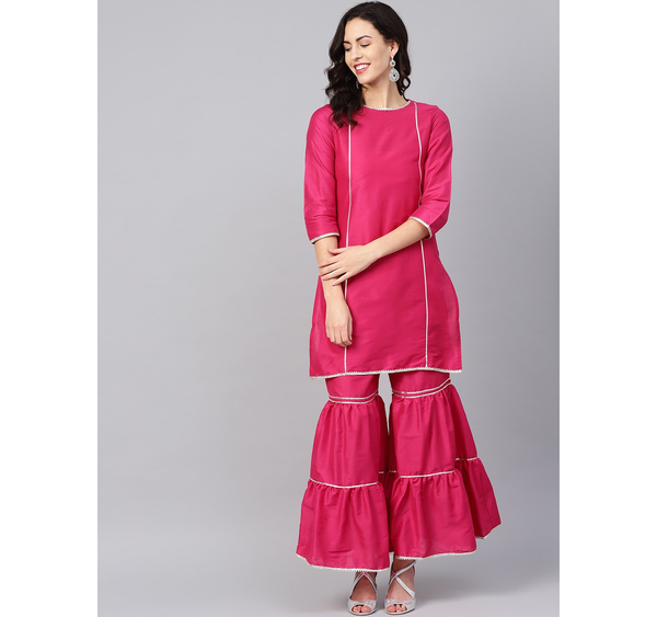 Women's  Pink Poly Silk Solid Kurta With Sharara - Wahe-NOOR