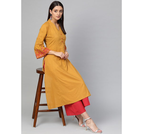 Women's  Mustard Yellow & Red Solid Kurta With Palazzos - Wahe-NOOR