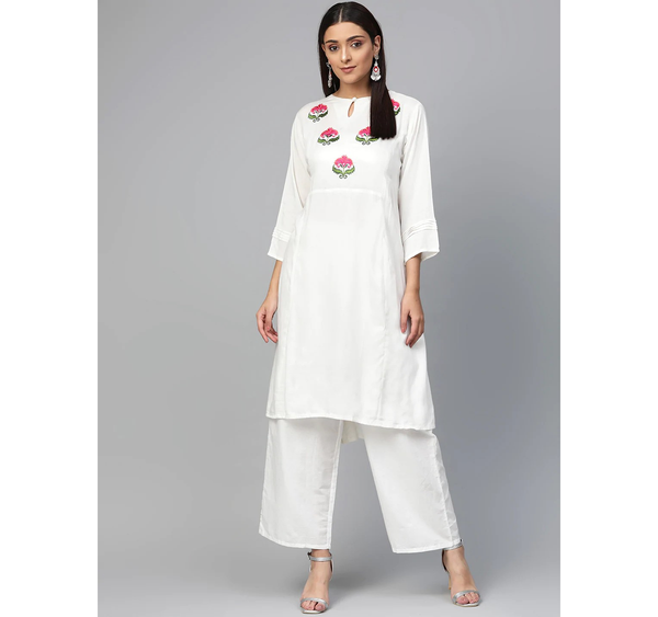 Women's  White & Pink Yoke Design Kurta With Palazzos - Wahe-NOOR