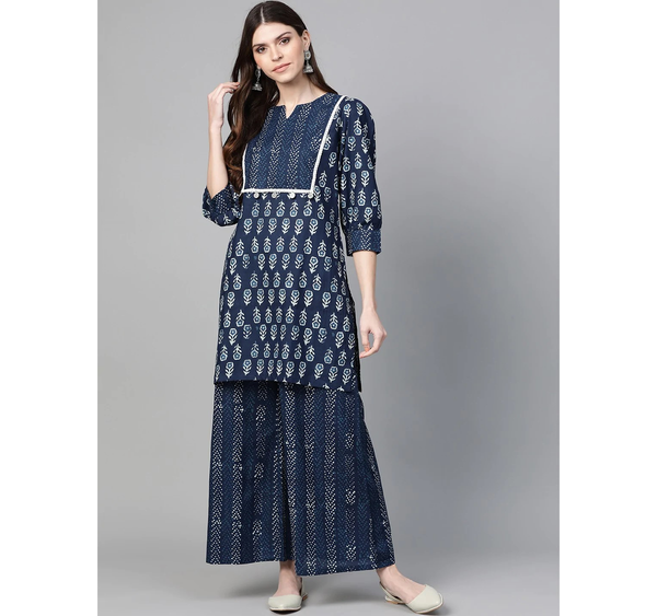 Women's  Navy Blue & Off-White Printed Kurta With Palazzos - Wahe-NOOR