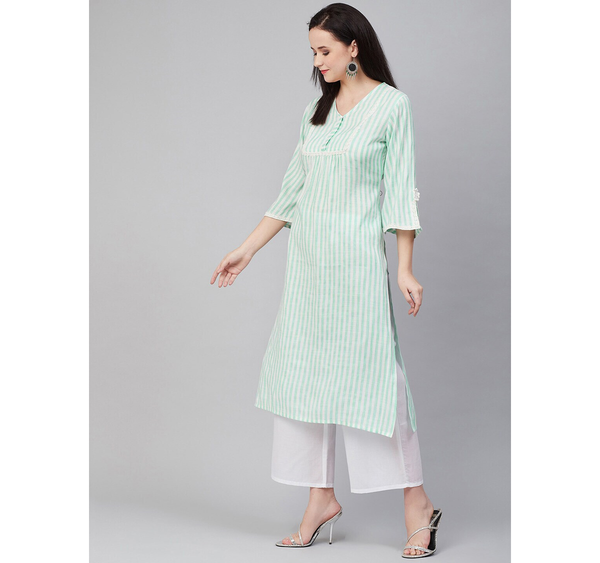 Women's  Sea Green & White Striped Kurta With Palazzos - Wahe-NOOR