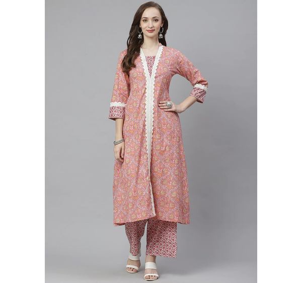 Women's  Pink & White Printed Kurta With Palazzos 5 - Wahe-NOOR