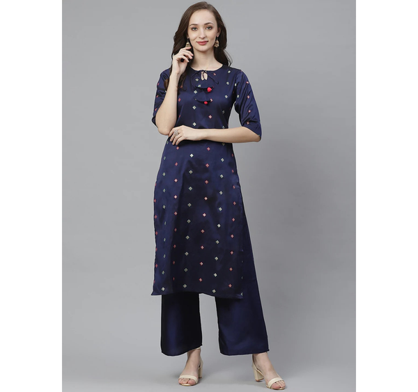 Women's  Navy Blue & Golden Woven Design Kurta With Palazzos - Wahe-NOOR