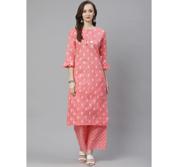 Women's  Pink & White Printed Kurta With Palazzos - Wahe-NOOR