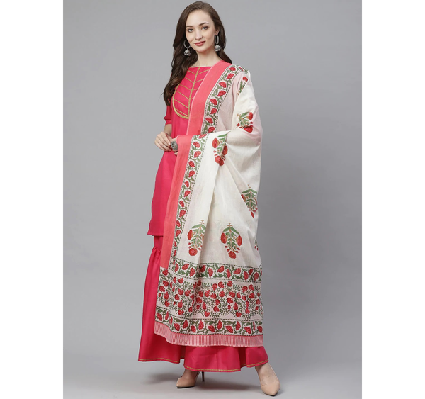 Women's  Pink & White Yoke Design Kurta With Sharara & Dupatta - Wahe-NOOR