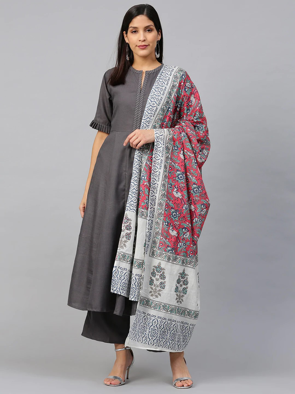 Women's  Charcoal Grey Solid Kurta With Palazzos & Dupatta - Wahe-NOOR