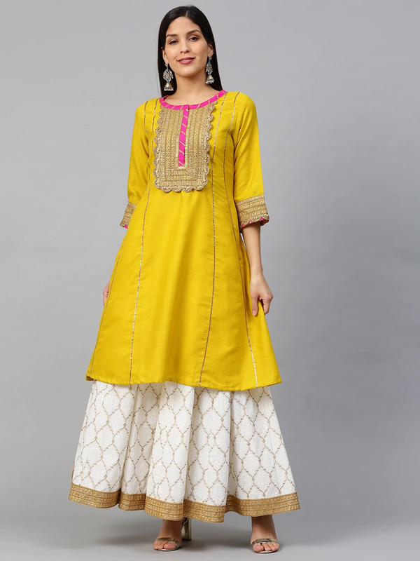 Women's  Mustard & White Gotta Patti Striped Kurta With Block Printed Skirt - Wahe-NOOR