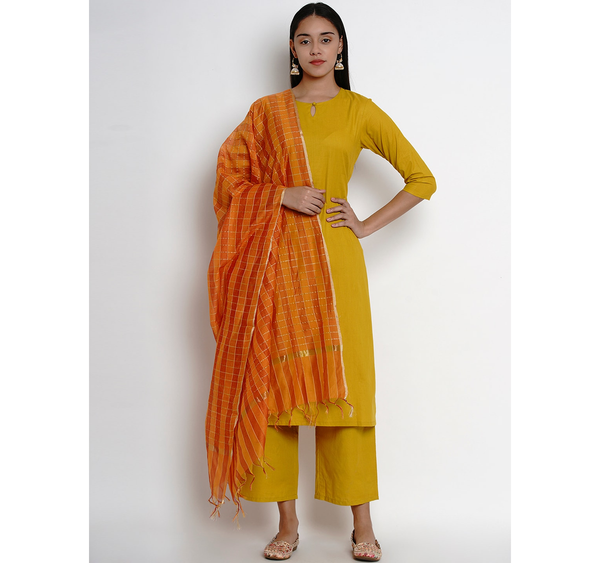 Women's  Mustard Yellow Solid Kurta With Palazzos & Dupatta - Wahe-NOOR