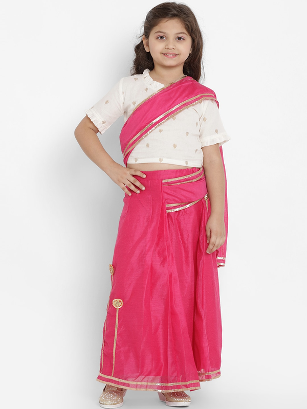 Girl's Pink & White Chanderi Silk Embellished Half Saree Set with Blouse  - NOZ2TOZ KIDS