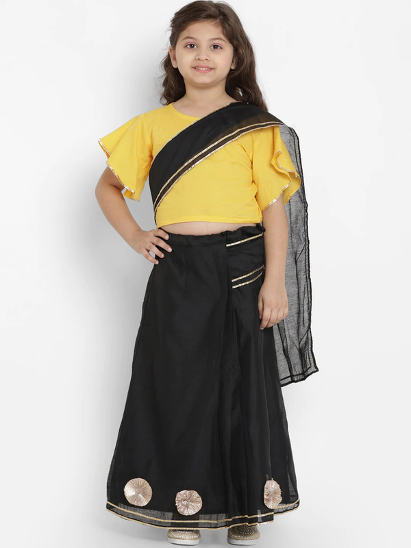 Girl's Yellow & Black Gota Patti Silk Solid Half Saree Set with Blouse  - NOZ2TOZ KIDS