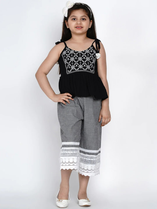 Girl's Black & White Embroidered Top & Palazzo Set  - NOZ2TOZ KIDS