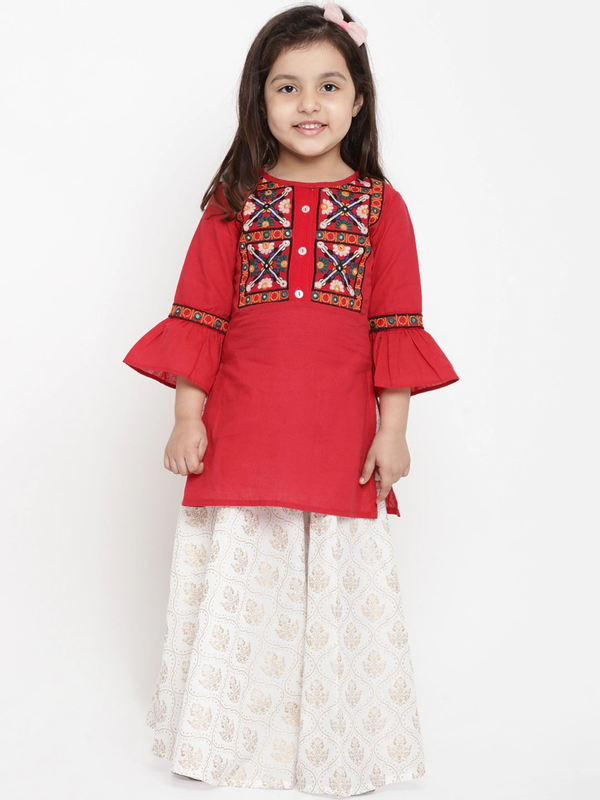 Girl's Red & White Embroidered Top & Skirt Set  - NOZ2TOZ KIDS