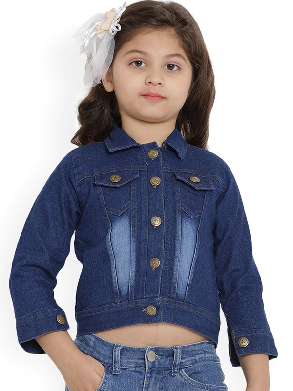 Girl's Blue Denim Solid Lightweight Jacket Top  - NOZ2TOZ KIDS