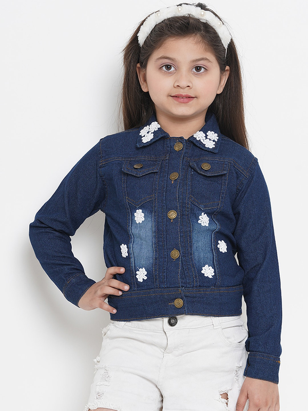 Girl's Blue Denim Solid Lightweight Jacket Top  - NOZ2TOZ KIDS