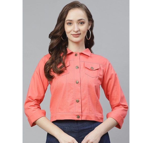 Women's  Peach-Coloured Solid Lightweight Denim Jacket - Wahe-NOOR