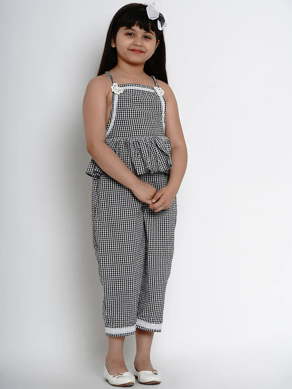 Girl's Black & White Checked Basic Jumpsuit  - NOZ2TOZ KIDS