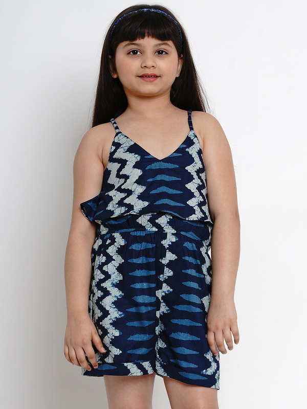 Girl's Navy Blue Printed Playsuit  - NOZ2TOZ KIDS