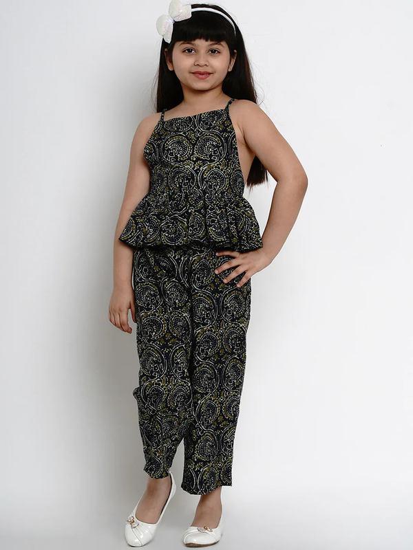 Girl's Navy Blue & Green Printed Basic Jumpsuit  - NOZ2TOZ KIDS