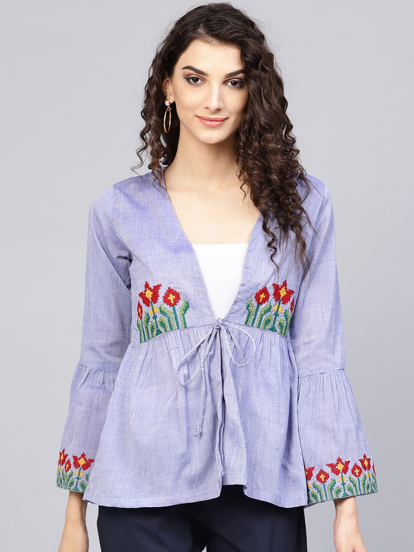 Women's  Blue Embroidered Detail Tie-Up Shrug - Wahe-NOOR