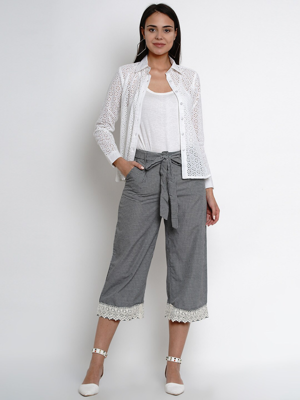 Women's  Black & White Loose Fit Checked Culottes - Wahe-NOOR