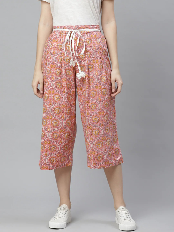 Women's  Pink & Mustard Yellow High-Rise Smart Loose Fit Printed Culottes - Wahe-NOOR