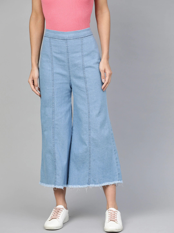 Women's  Blue Smart Loose Fit High Rise Denim Cropped Parallel Trousers - Wahe-NOOR