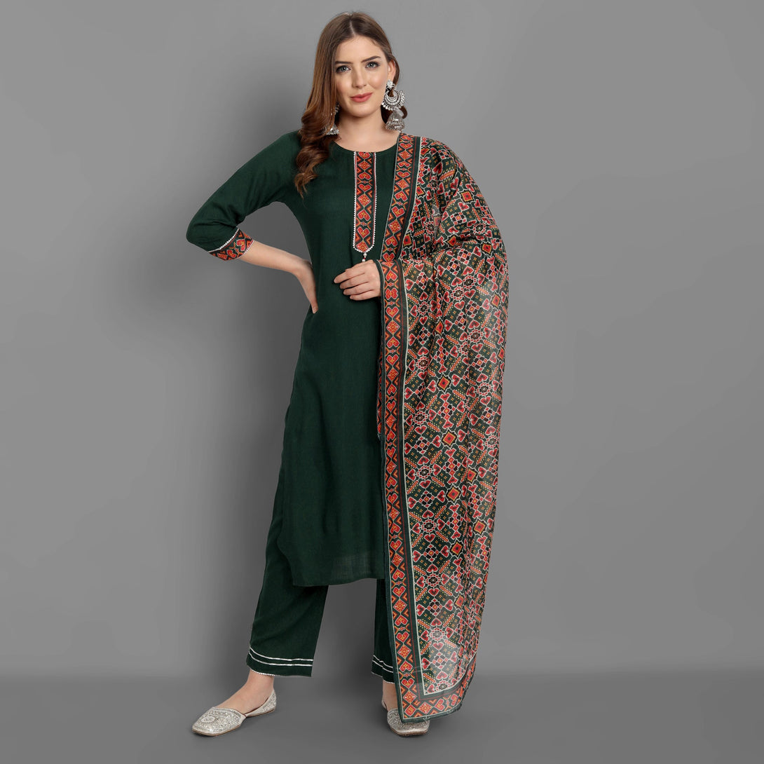 Women's Bottle Green Self Design Kurta With Pant And Dupatta  - Singni