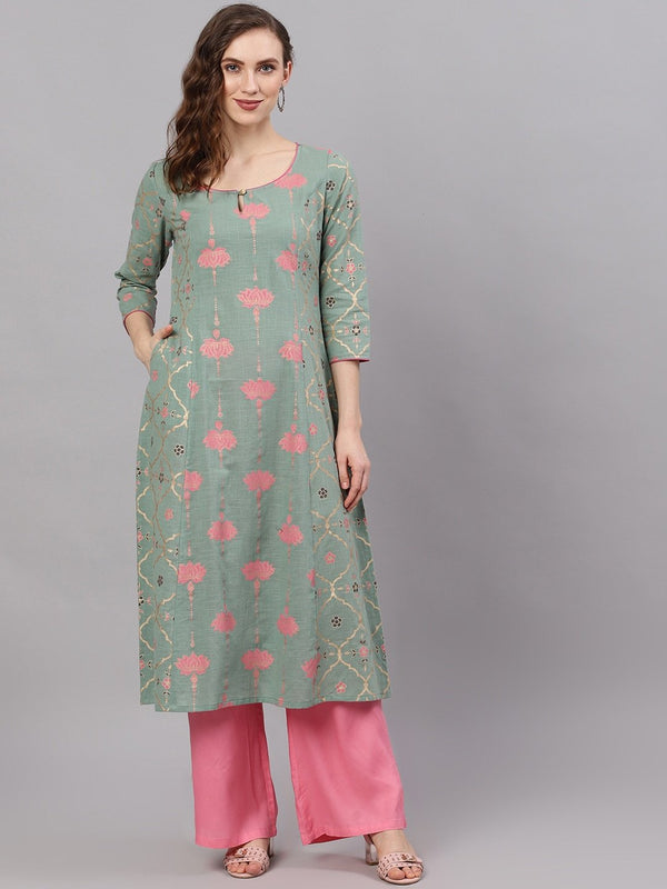 Women's  Green & Pink Printed Straight Kurta - AKS