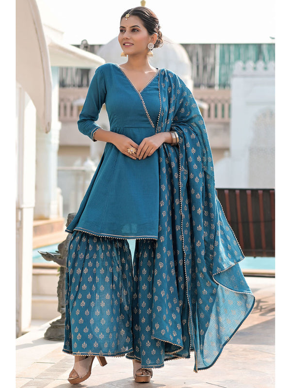 Women's Aegean Blue Hand Block Printed Doriya Suit Set - Hatheli