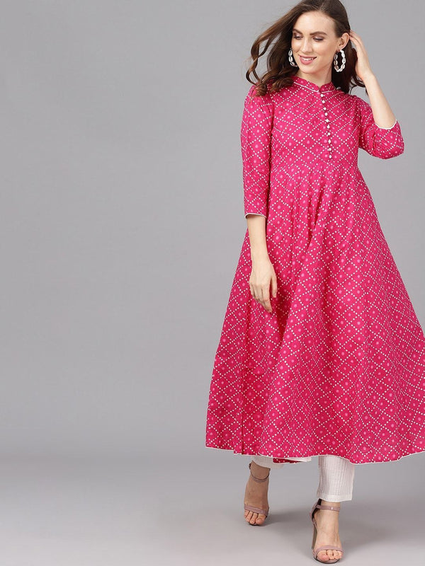 Women's  Magenta & White Printed Anarkali Kurta - AKS