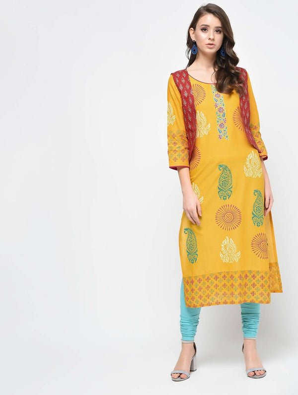 Women's Mustard Hand Block Print Straight Kurta Only - Cheera