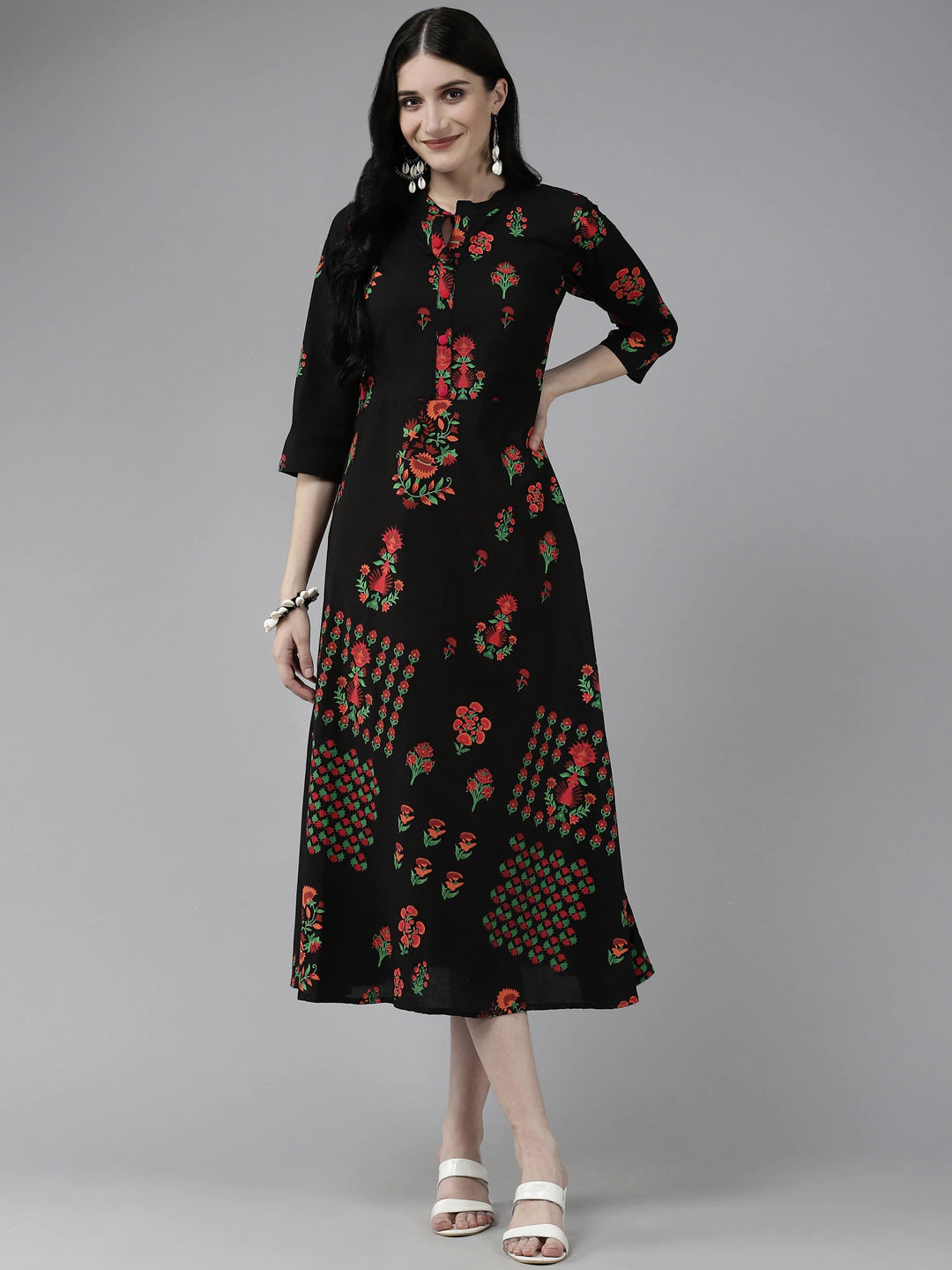 Women's Black Floral Print Maxi Dress - Yufta