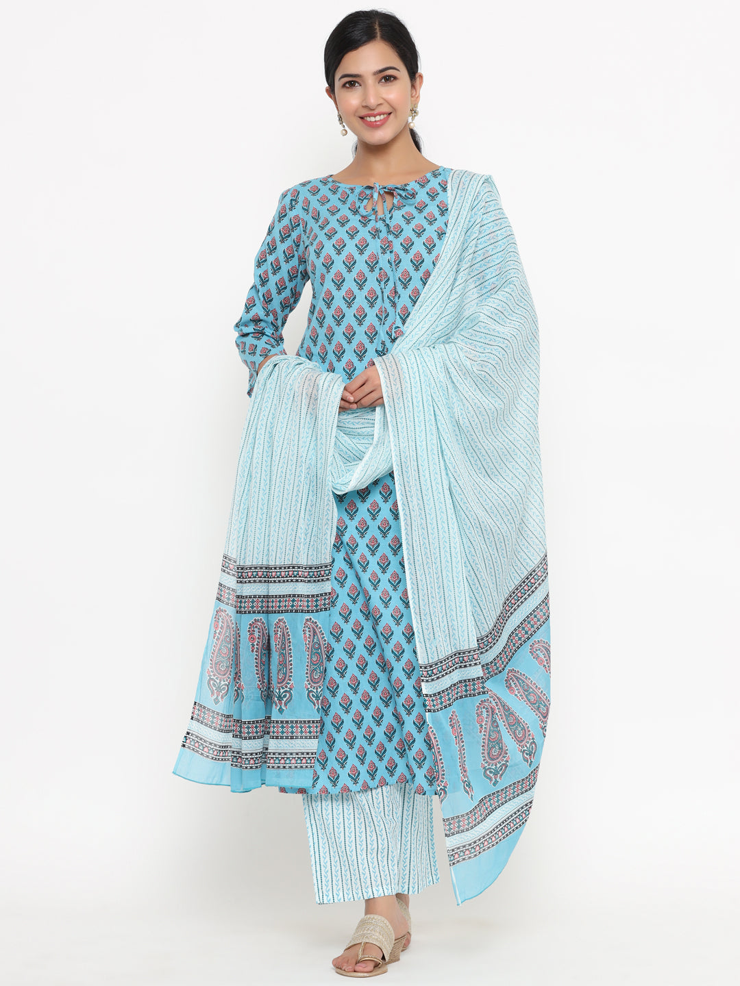 Women's Blue And White Ethnic Motifs Cotton Kurta With Palazzo & Dupatta - Yufta