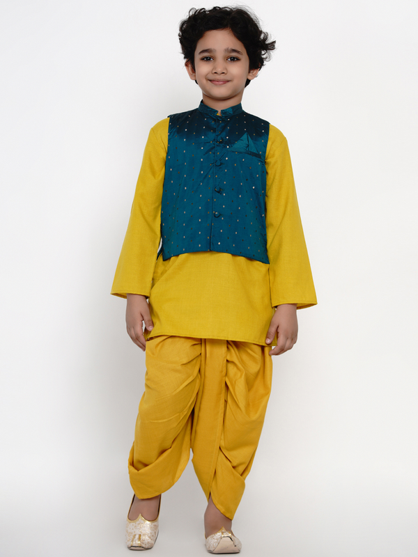 Boy's Yellow & Sea Green Dhoti Kurta Set for Boys with Jacket - NOZ2TOZ KIDS