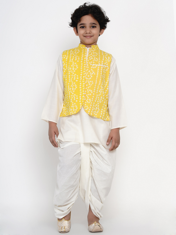 Boy's White & Yellow Dhoti Kurta Set for Boys with Waistcoat - NOZ2TOZ KIDS