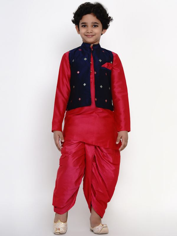 Boy's Pink & Blue Dhoti Kurta Set for Boys with Waistcoat - NOZ2TOZ KIDS