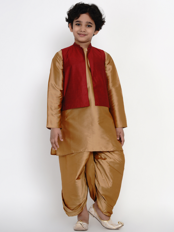 Boy's Golden & Maroon Dhoti Kurta Set for Boys with Waistcoat - NOZ2TOZ KIDS