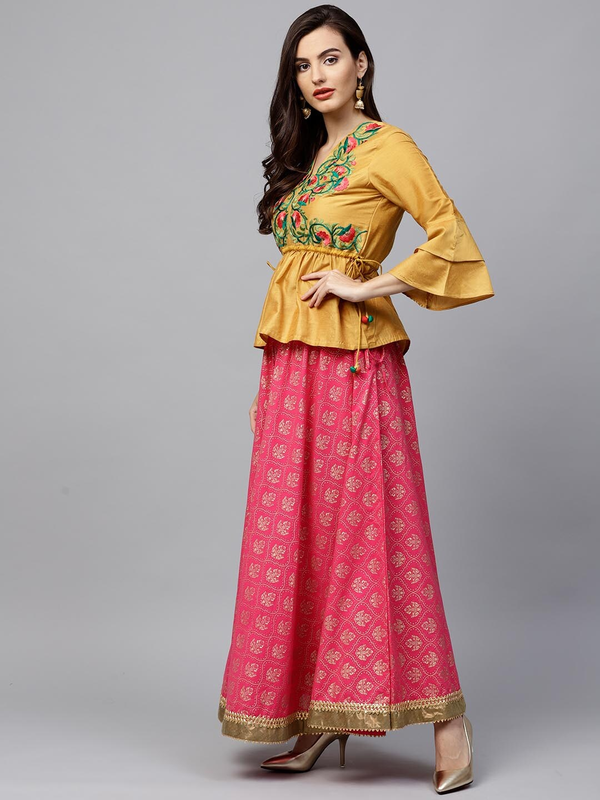 Women's  Mustard Yellow & Pink Embriodered Top With Skirt - Wahe-NOOR