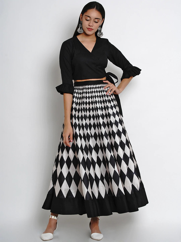 Women's  Black & White Solid Top With Skirt - Wahe-NOOR