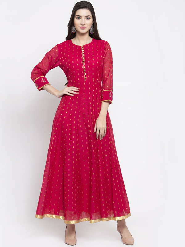 Women's  Fuchsia & Gold-Coloured Woven Design Anarkali Kurta - Wahe-NOOR