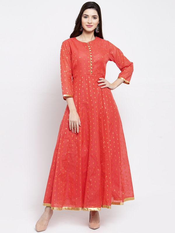 Women's  Orange & Gold-Coloured Woven Design Anarkali Kurta - Wahe-NOOR