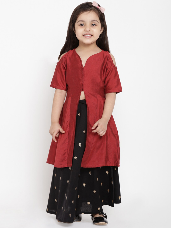 Girl's Maroon & Black Solid Kurta & Skirt Set  - NOZ2TOZ KIDS