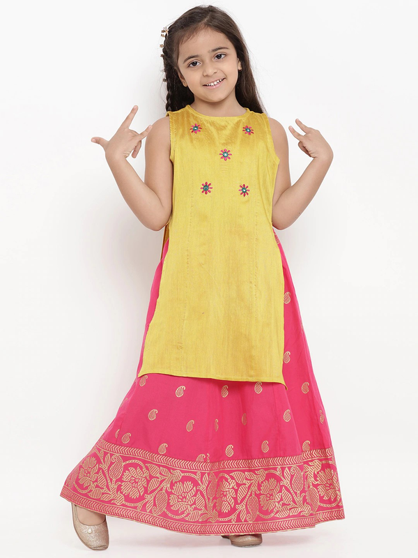 Girl's Yellow & Pink Embroidered Kurta & Skirt Set  - NOZ2TOZ KIDS