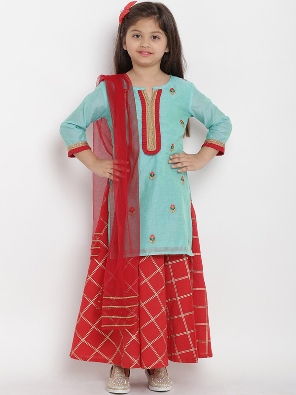 Girl's Sea Green & Red Self Design Kurta & Skirt Set with Dupatta  - NOZ2TOZ KIDS